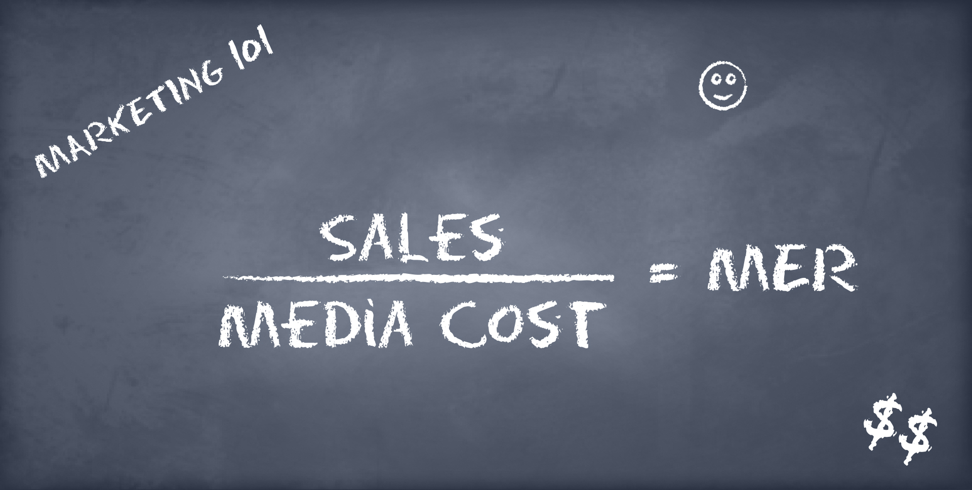 Cartoon image of a chalkboard with an equation that reads 'Sales/Media Cost = MER'