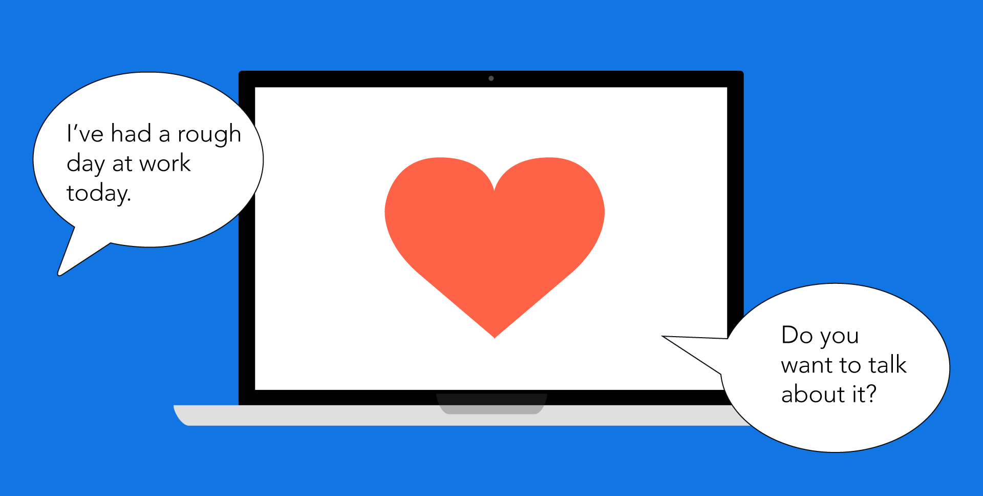 A talking laptop with a heart on its screen