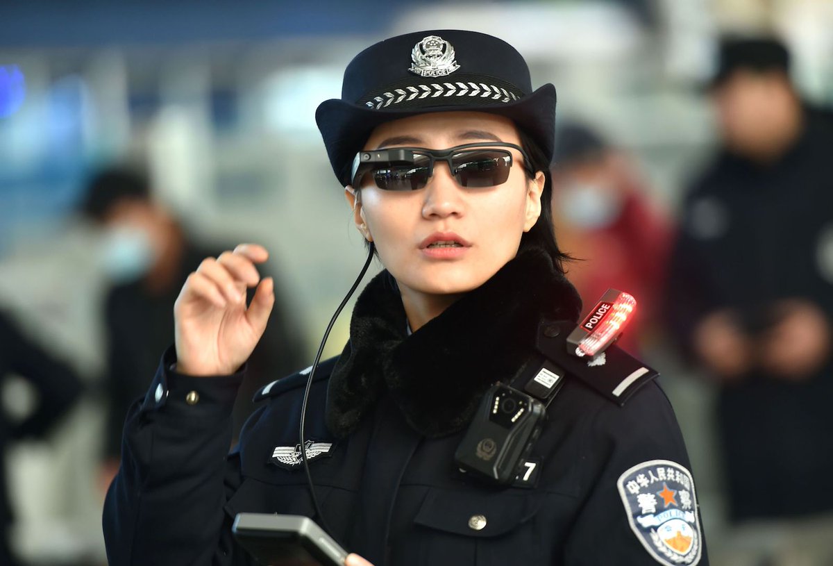 Picture of a Chinese police officer with face recognition enabled smart glasses. Image: AFP/Getty Images