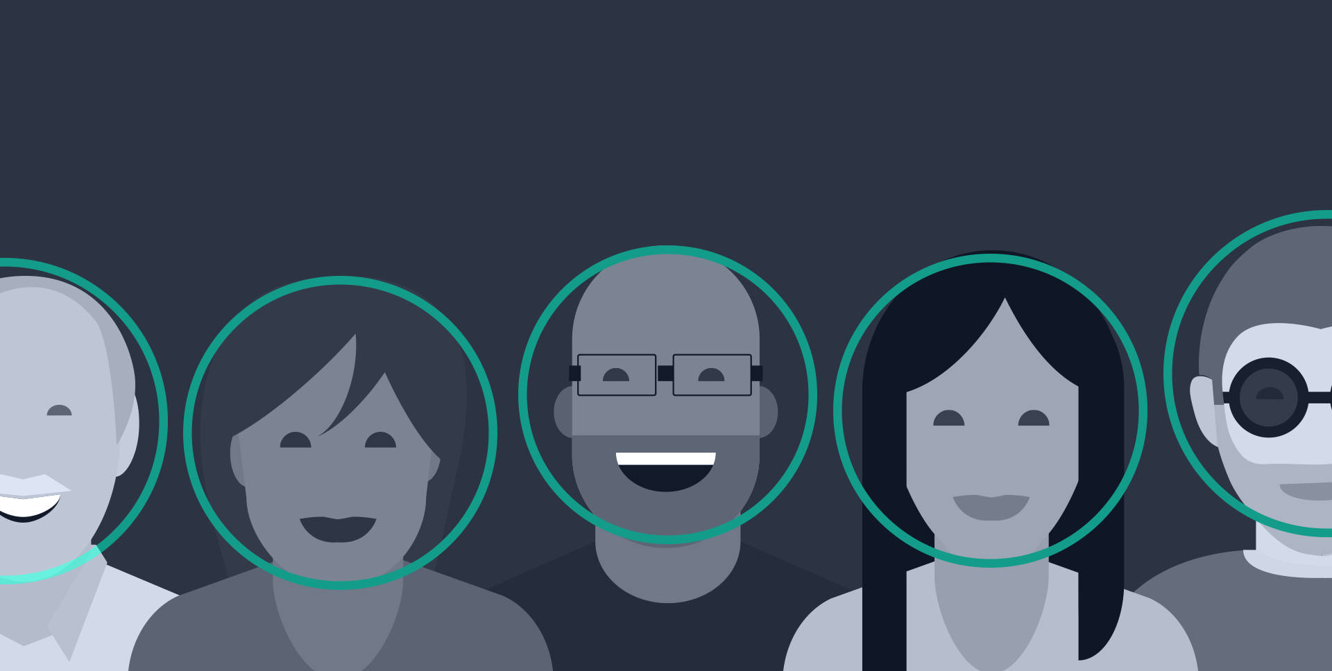 a crowd of cartoon faces with a circle around their faces denoting facial detection