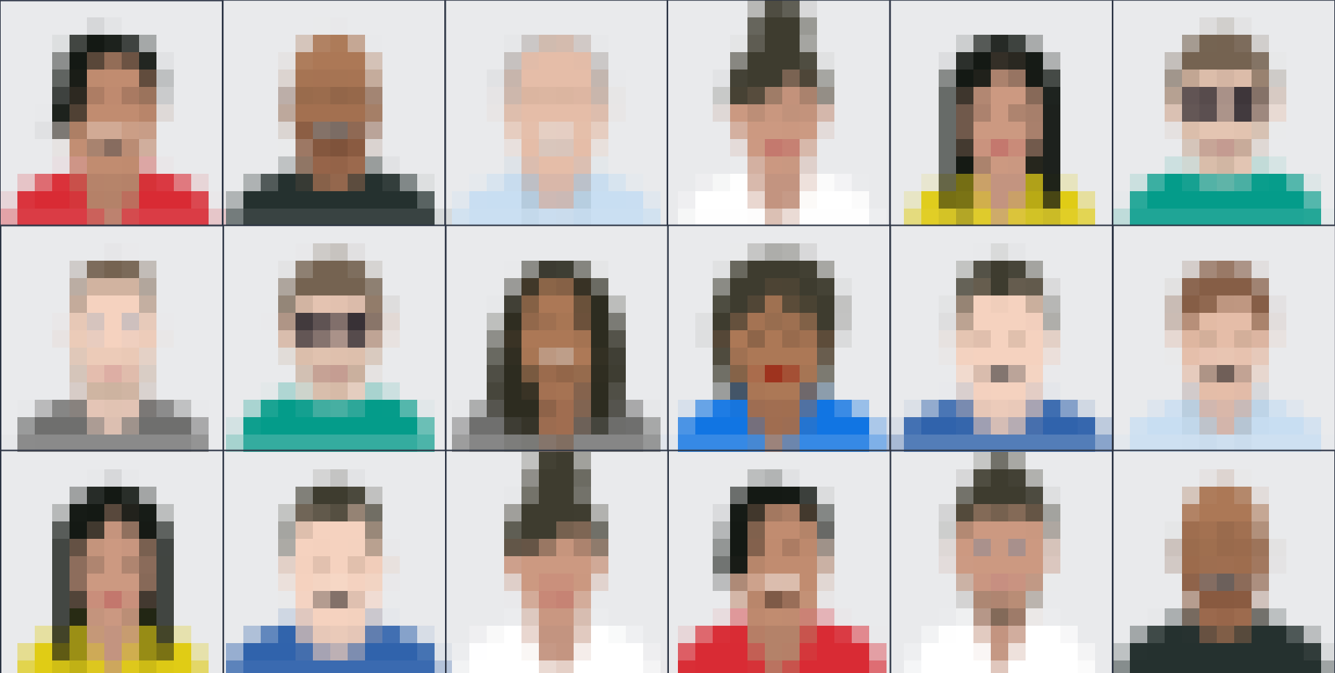 Grid of pixellated cartoon passport pictures