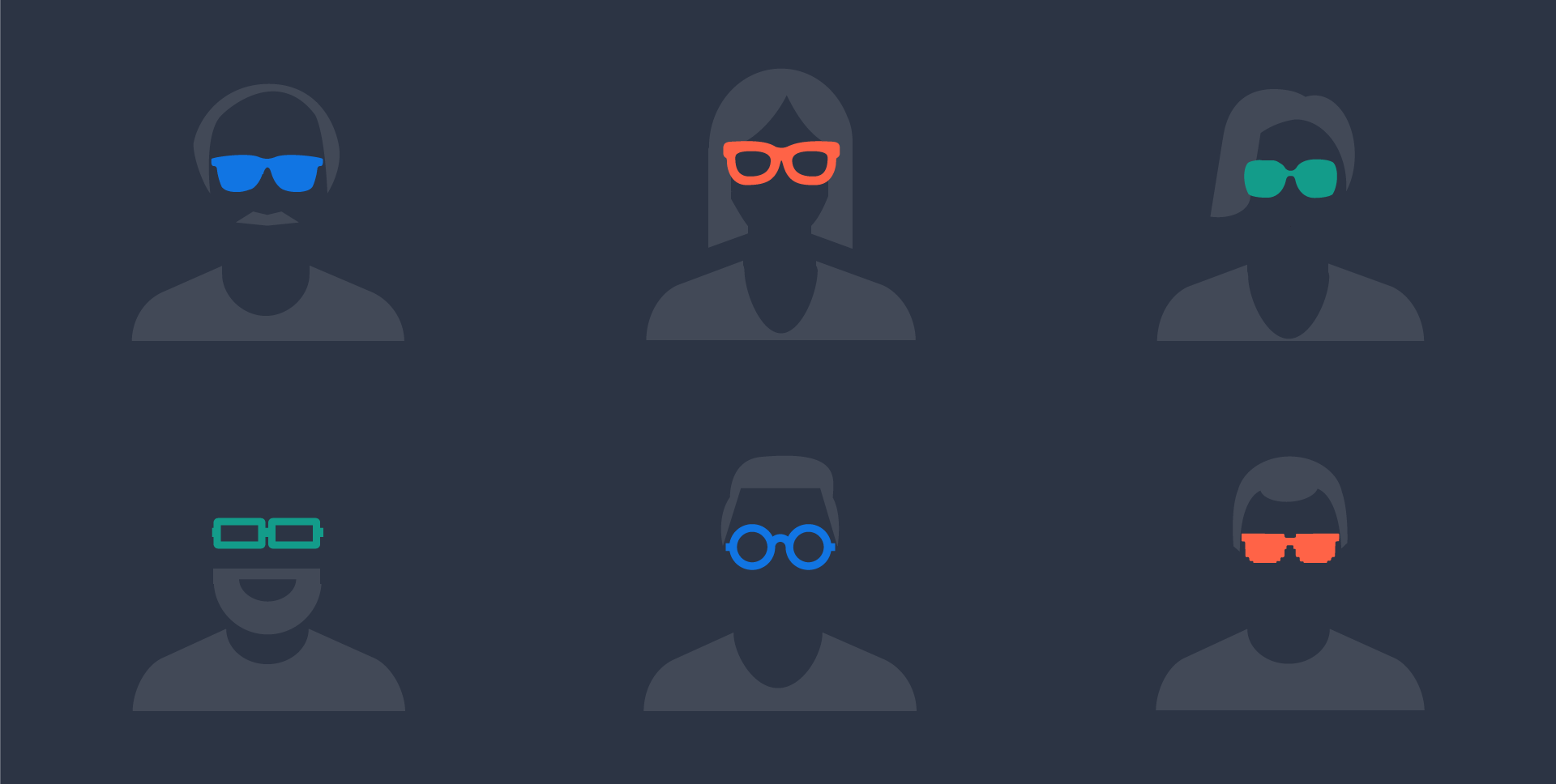 cartoon face silhouettes with bright colored glasses against a dark background