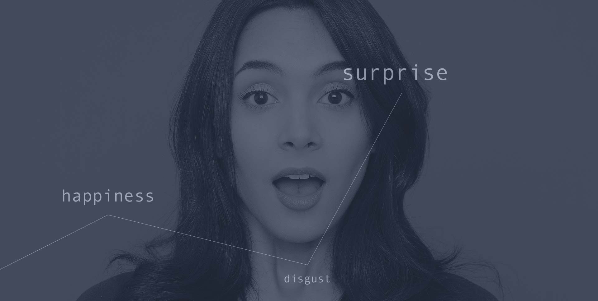 A line graph and text describing emotions overlayed on the face of an attractive, brunette young woman who looks surprised.