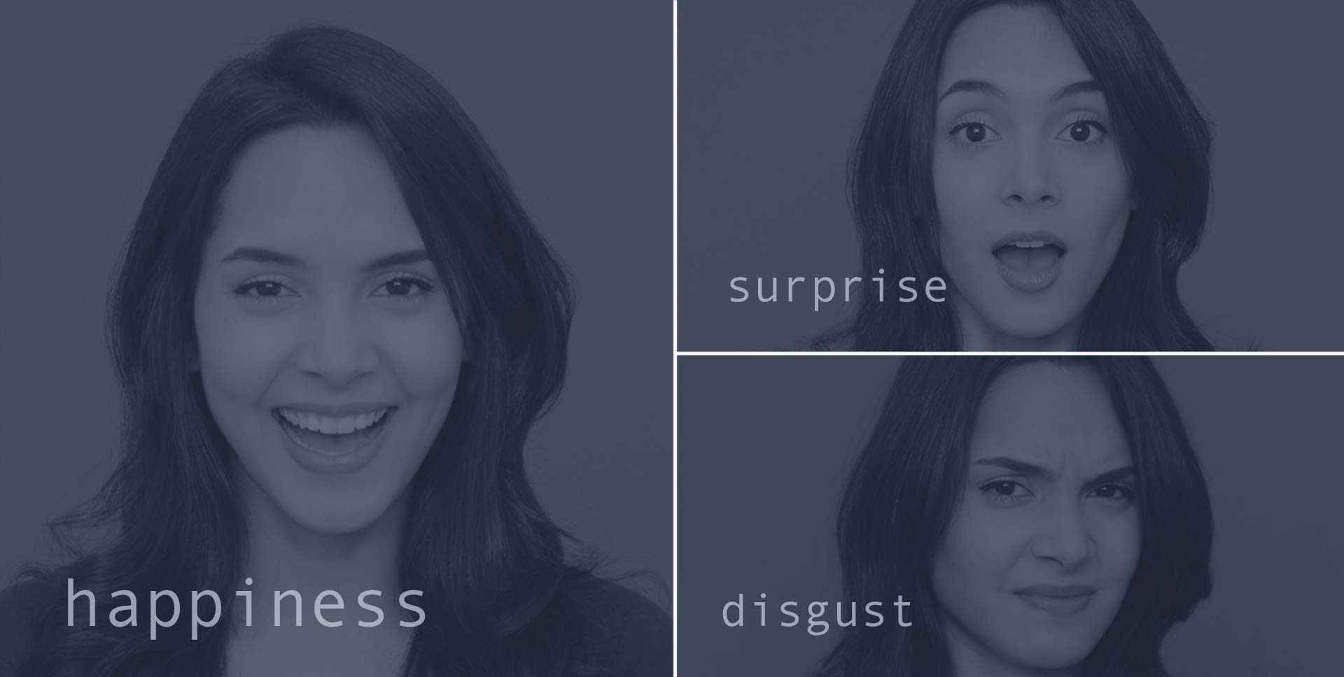 Three portraits of a young women explaining different facial expressions