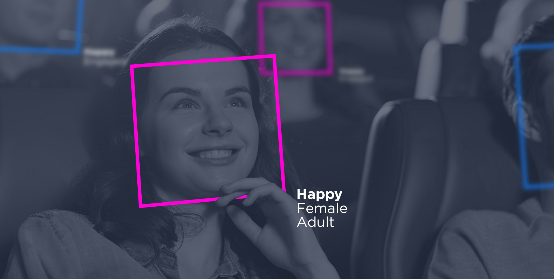 Young woman smiling as she watches a movie with demographic data overlaying image