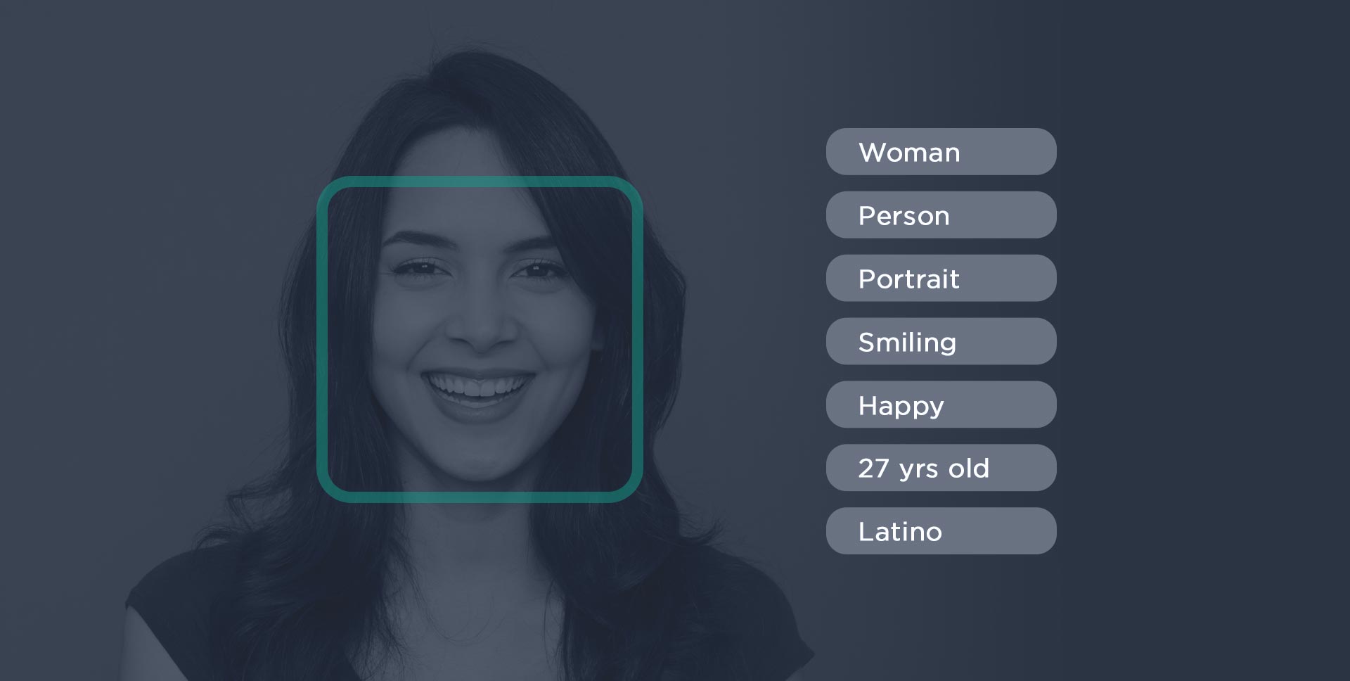 Picture of a smiling woman, looking to camera, overlayed with information about her indentity