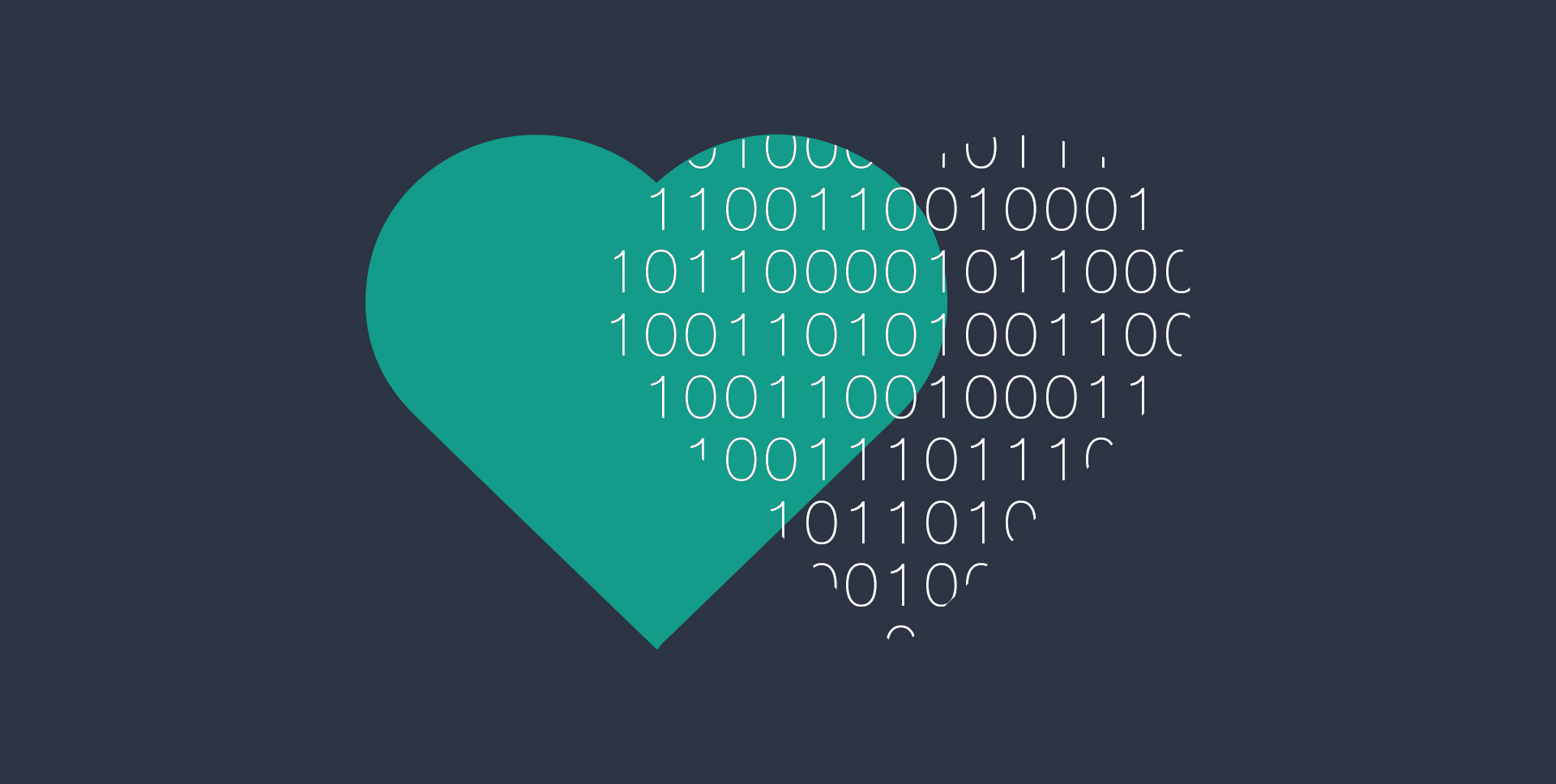 Illustration of two overlapping heart shapes; one green colored, the other made of binary code