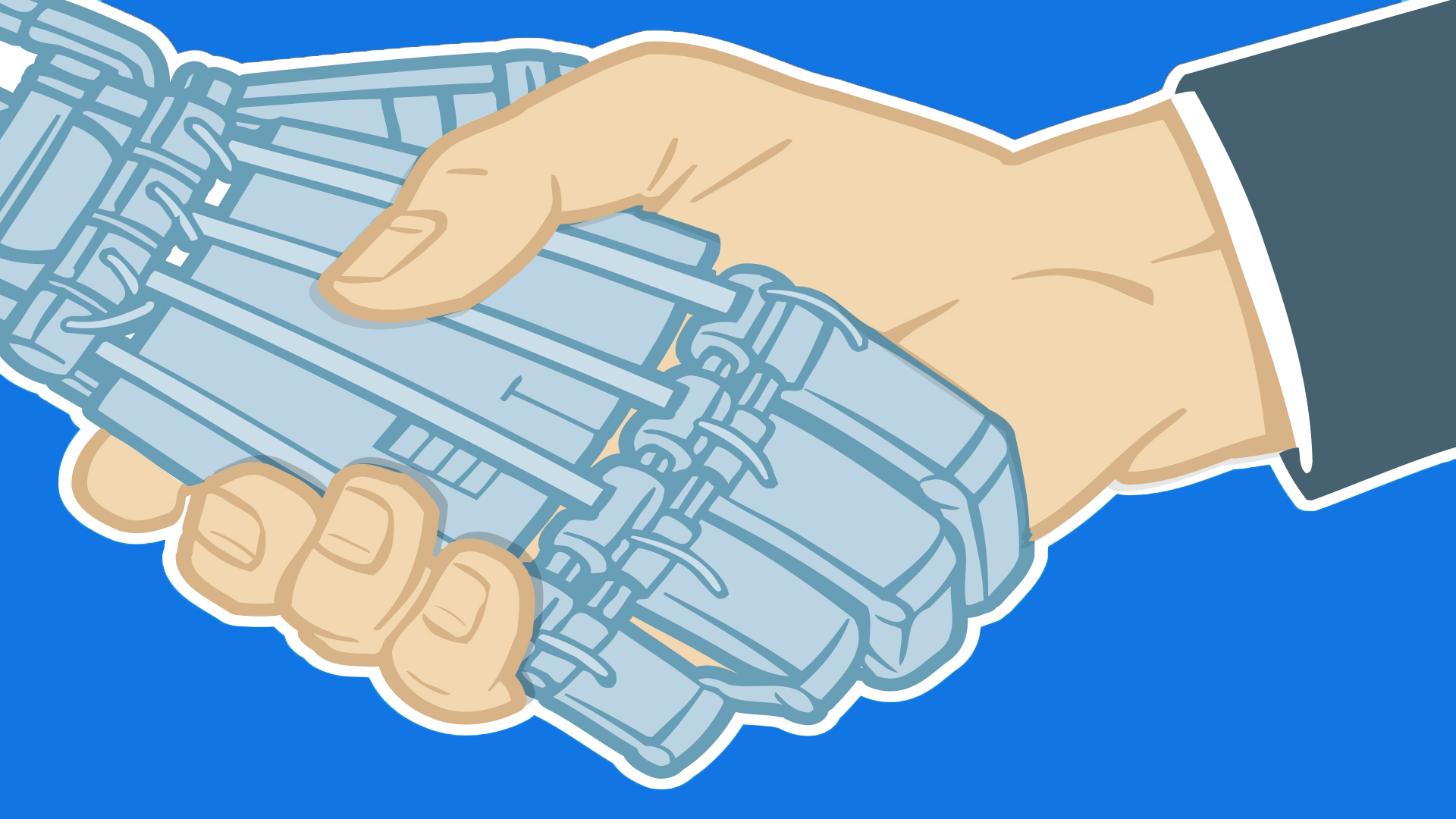 Illustration of two hands shaking, one human hand the other a robot or machine hand