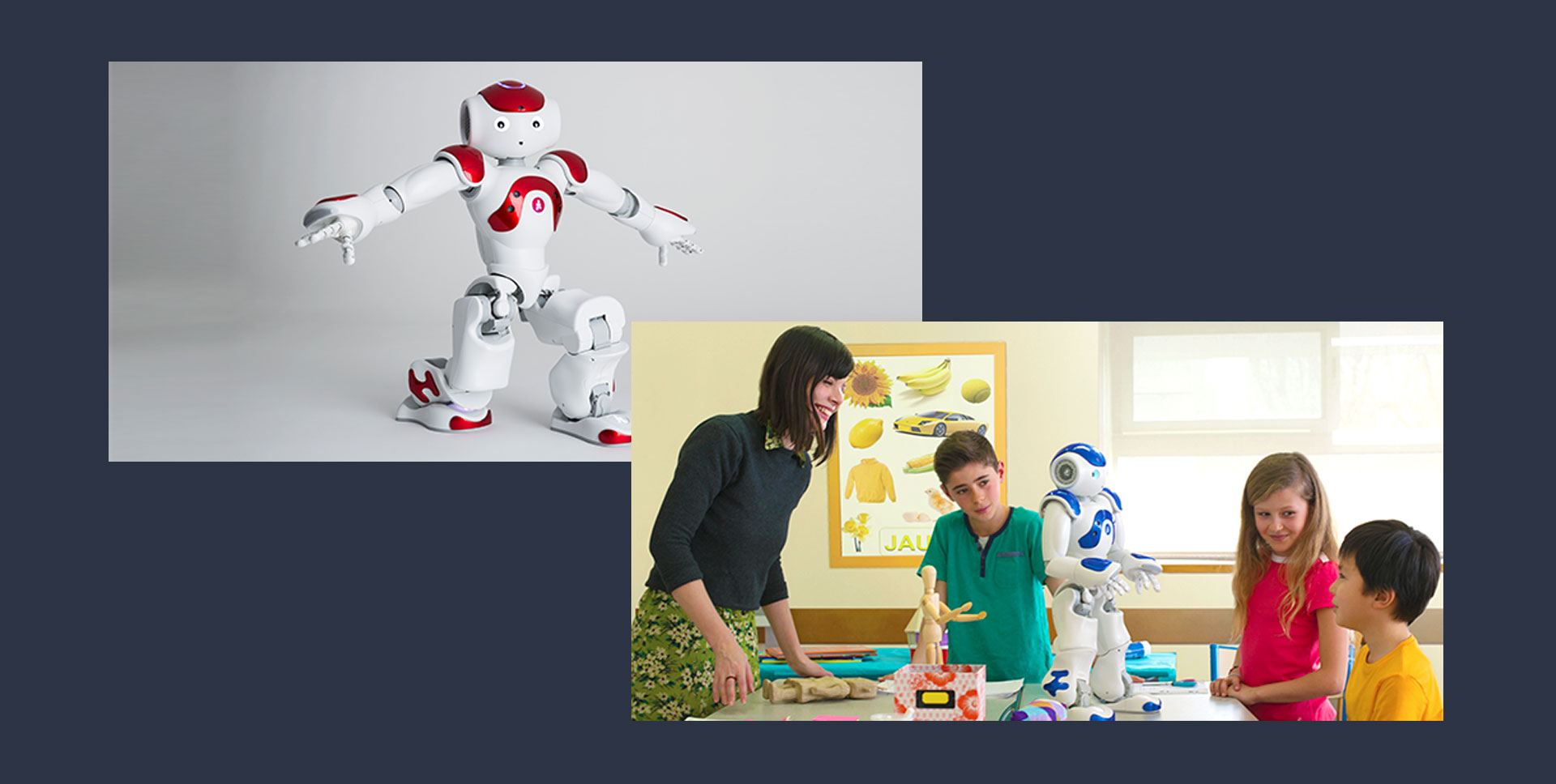 Photos of Nao, a robot friend designed by the company Softbank Robotics