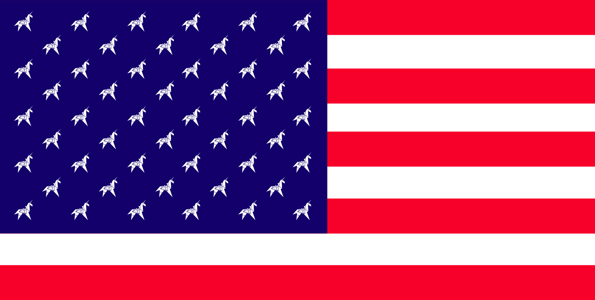 Illustration of the American flag with unicorns inplace of the stars