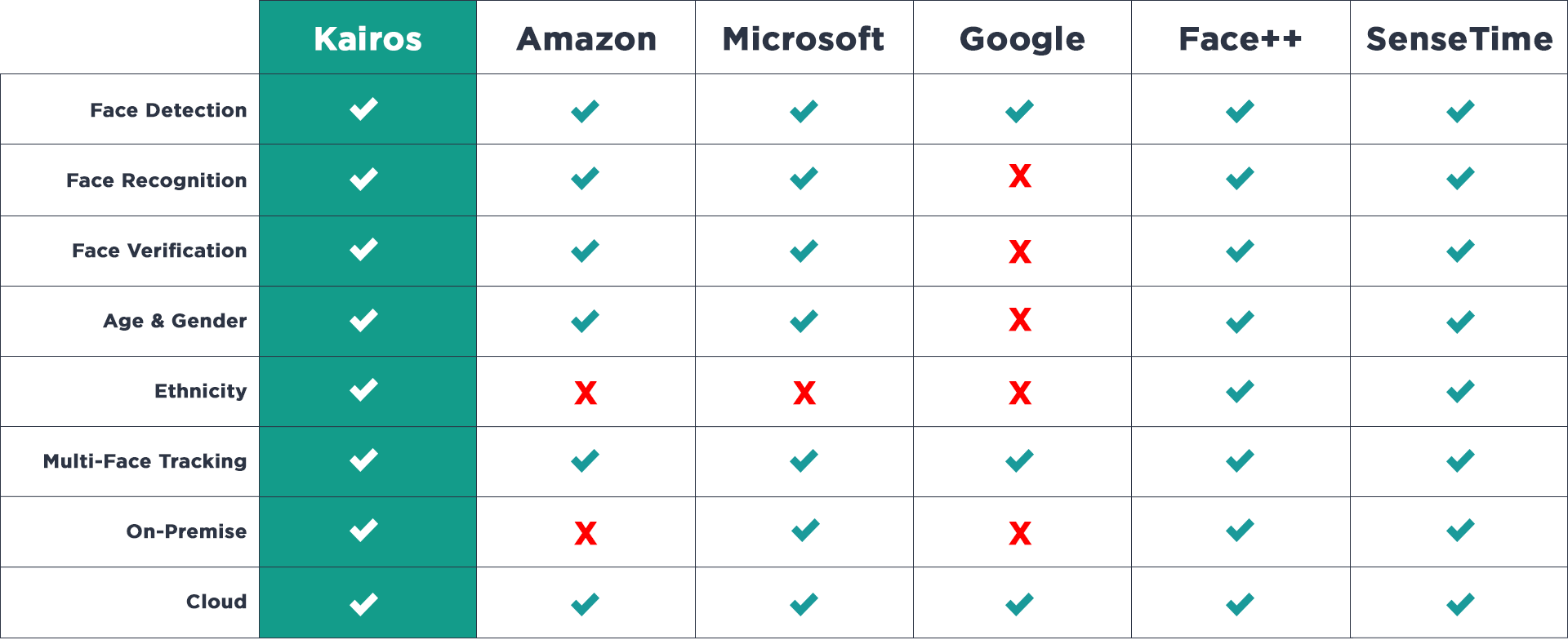 Comparison grid showing face recognition companies: Kairos, Amazon, Microsoft, Google, Face++, and SenseTime