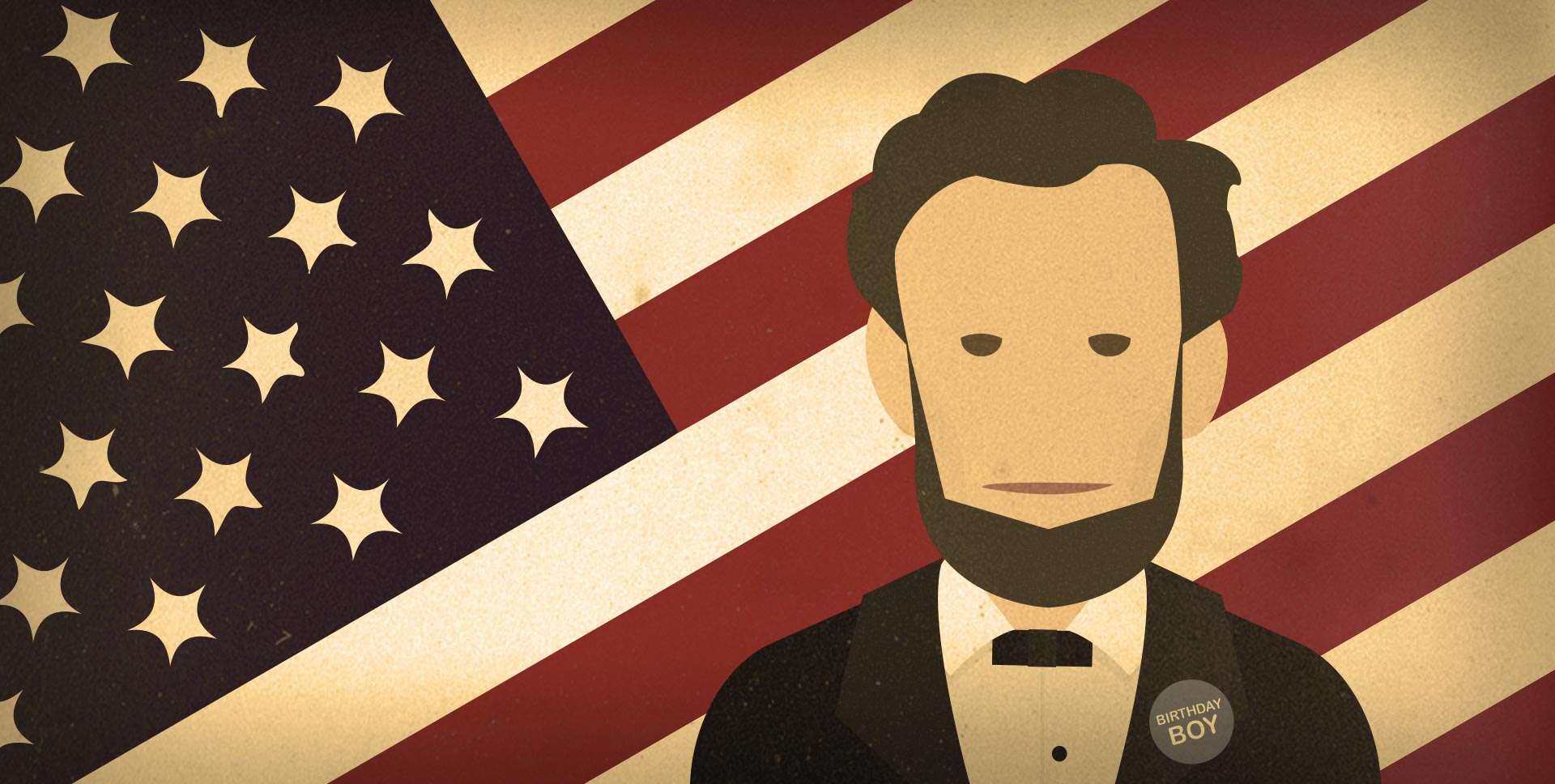 cartoon Abraham Lincoln in front of a US flag